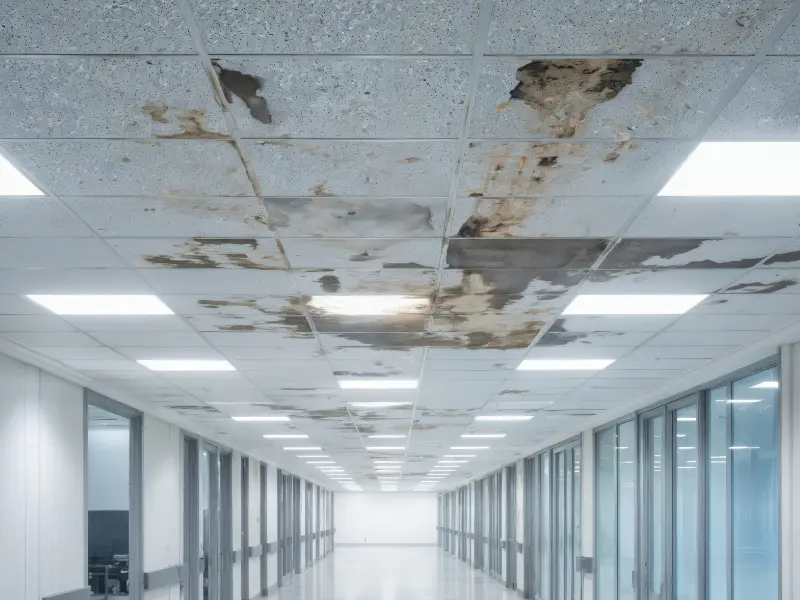 Ceiling tiles in a hallway are stained and damaged by water.